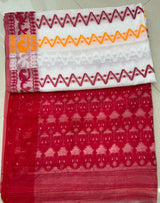 White with red & yellow handloom soft dhakai jamdani saree - Tamal Boutique