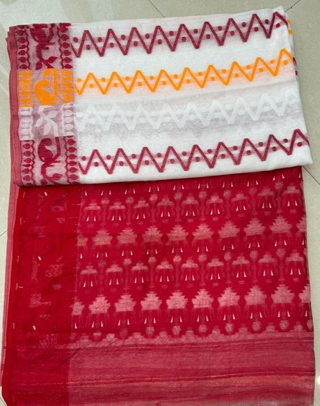 White with red & yellow handloom soft dhakai jamdani saree - Tamal Boutique