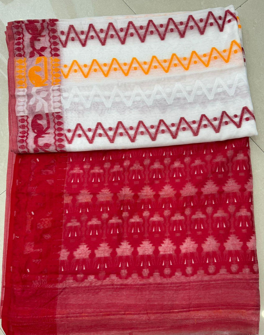 White with red & yellow handloom soft dhakai jamdani saree - Tamal Boutique