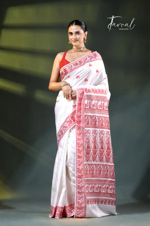 White with red bishunupuri baluchari silk saree