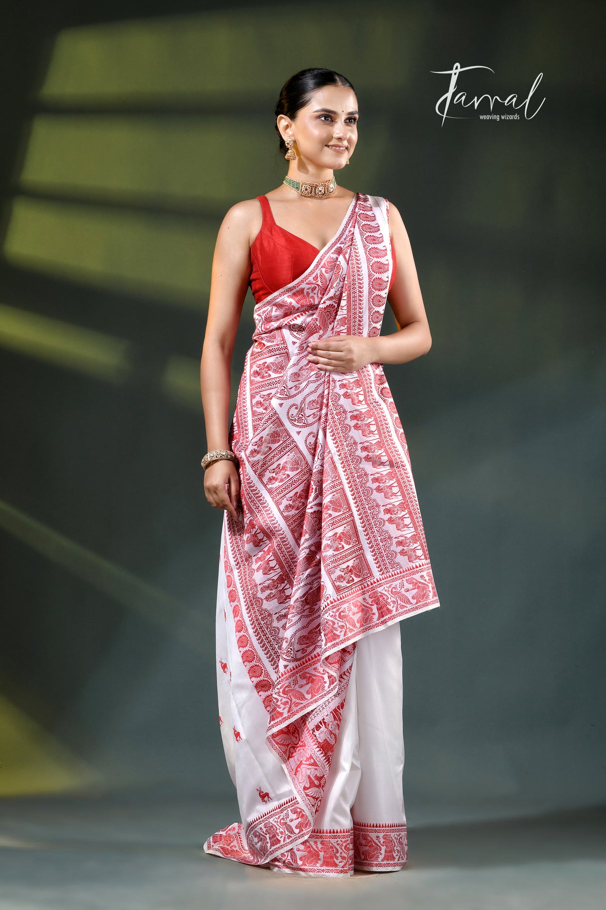 White with red bishunupuri baluchari silk saree