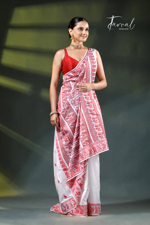White with red bishunupuri baluchari silk saree
