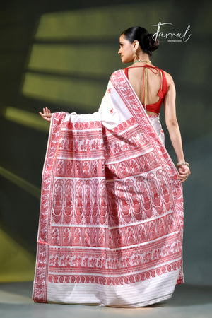 White with red bishunupuri baluchari silk saree