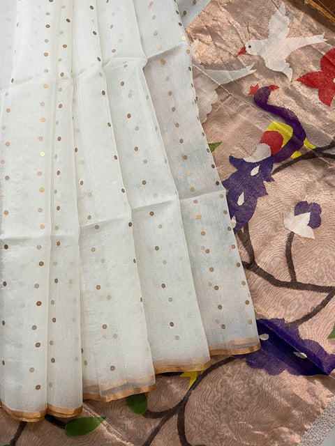 White with zari border organza silk paithani sequins handwoven jamdani saree