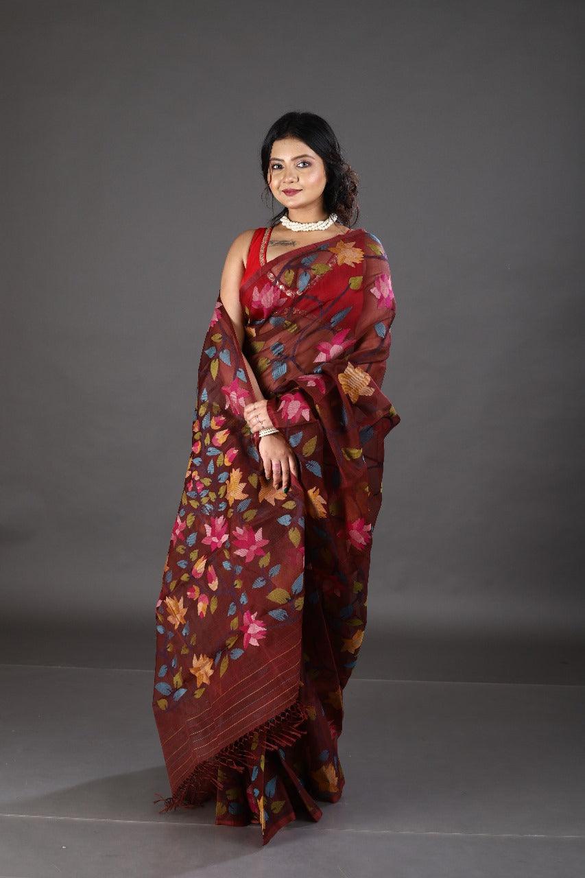 Wine with multi colour allover lotus motifs handwoven muslin silk jamdani saree - Tamal Boutique