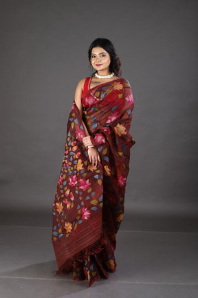 Wine with multi colour allover lotus motifs handwoven muslin silk jamdani saree - Tamal Boutique