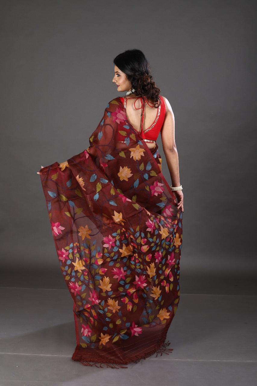 Wine with multi colour allover lotus motifs handwoven muslin silk jamdani saree - Tamal Boutique
