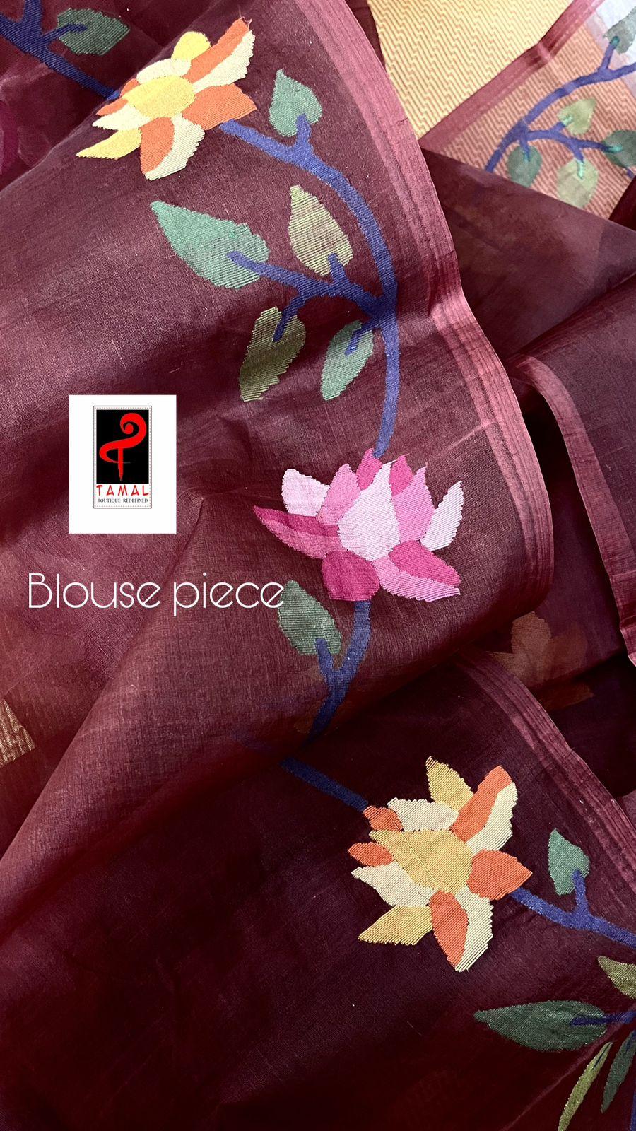 Wine with multi colour allover lotus motifs handwoven muslin silk jamdani saree - Tamal Boutique