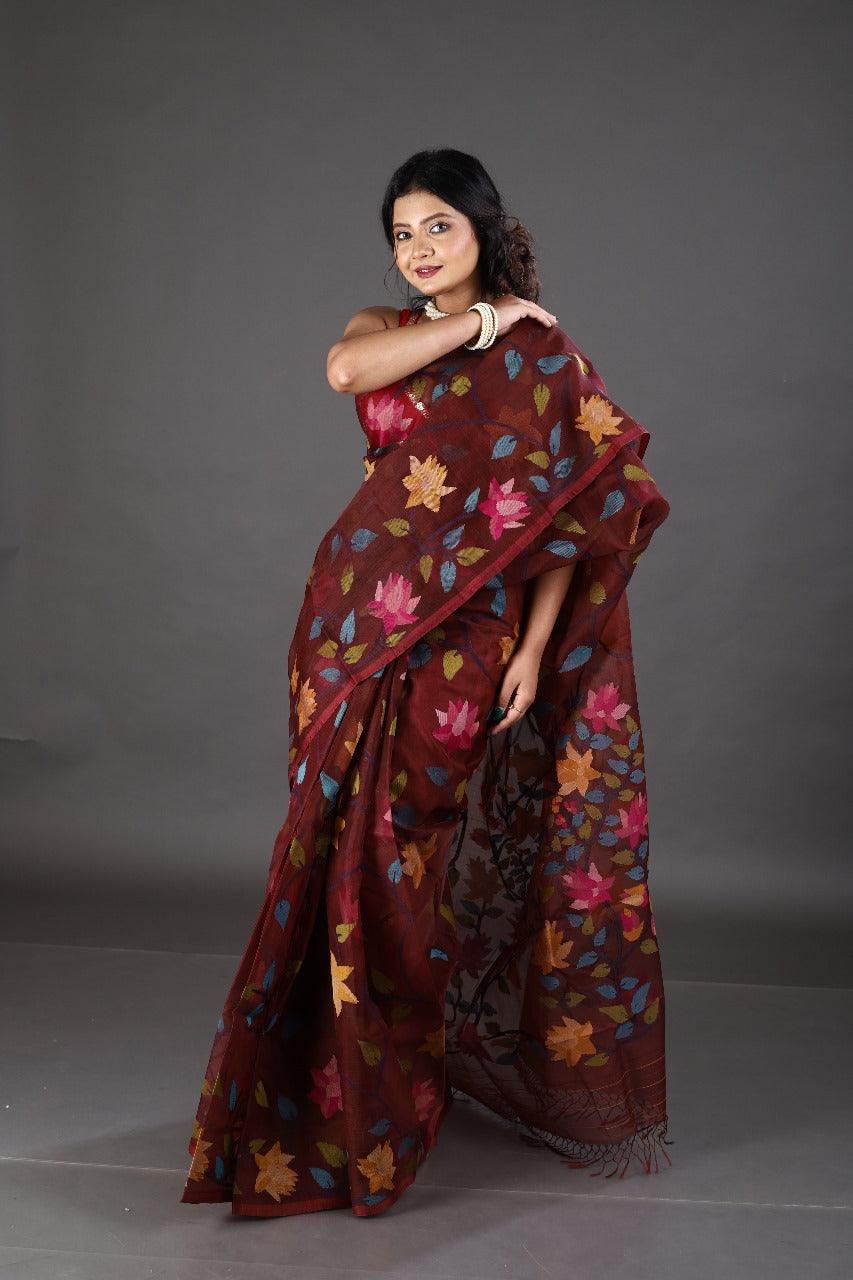 Wine with multi colour allover lotus motifs handwoven muslin silk jamdani saree - Tamal Boutique