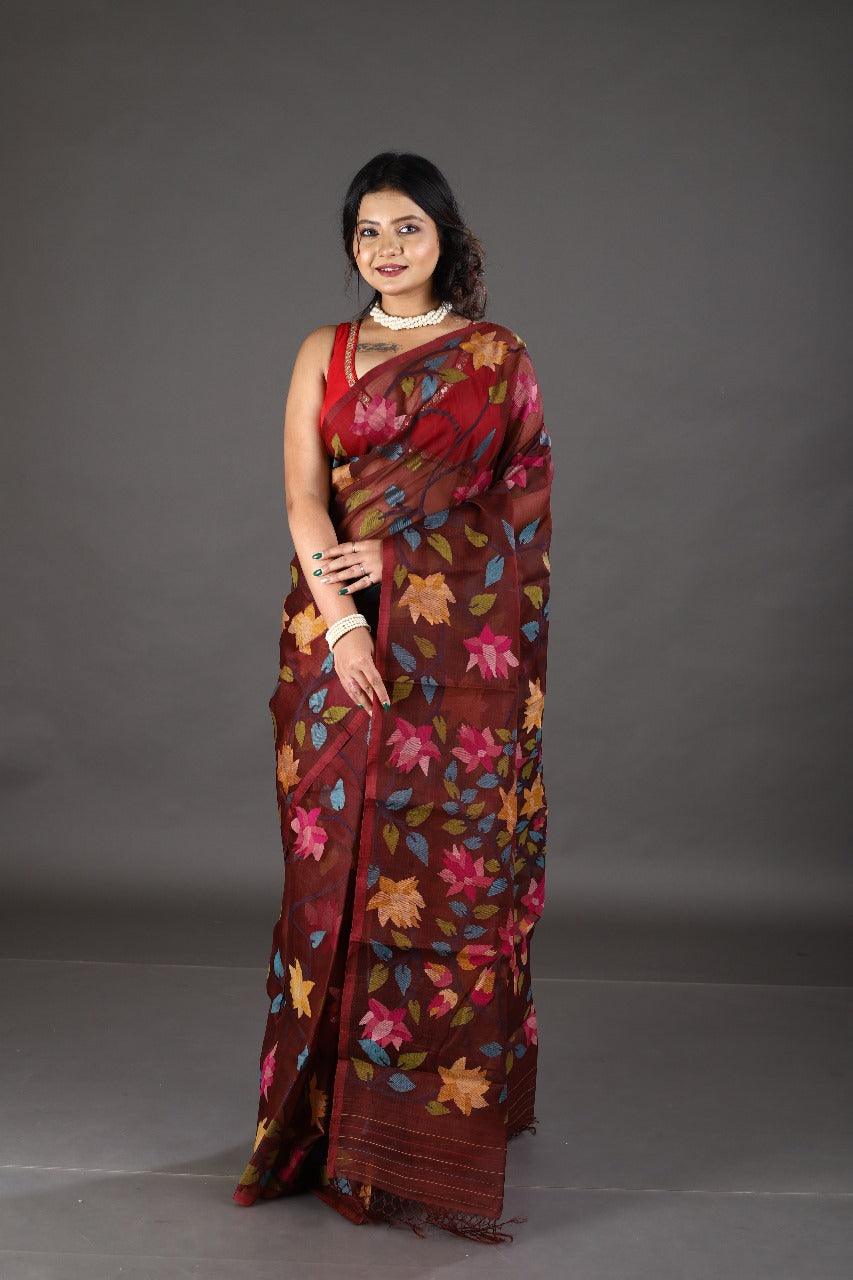 Wine with multi colour allover lotus motifs handwoven muslin silk jamdani saree - Tamal Boutique