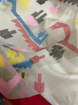 White with red border and multicolour traditional handwoven muslin silk jamdani saree - Tamal Boutique