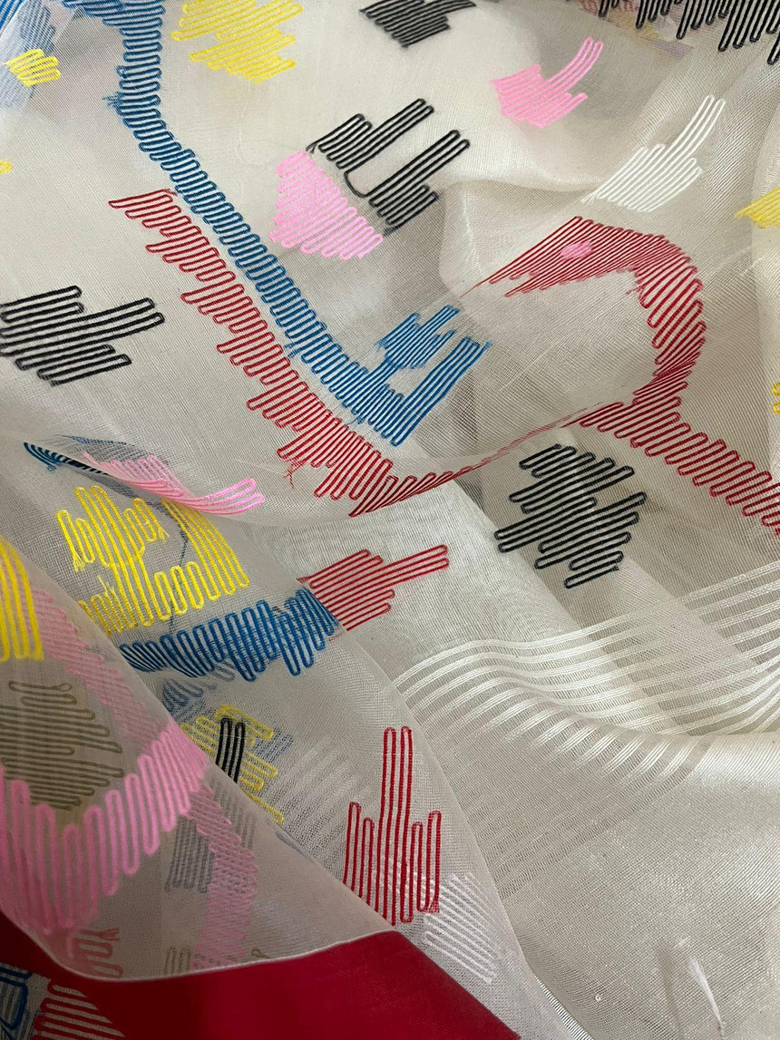 White with red border and multicolour traditional handwoven muslin silk jamdani saree - Tamal Boutique