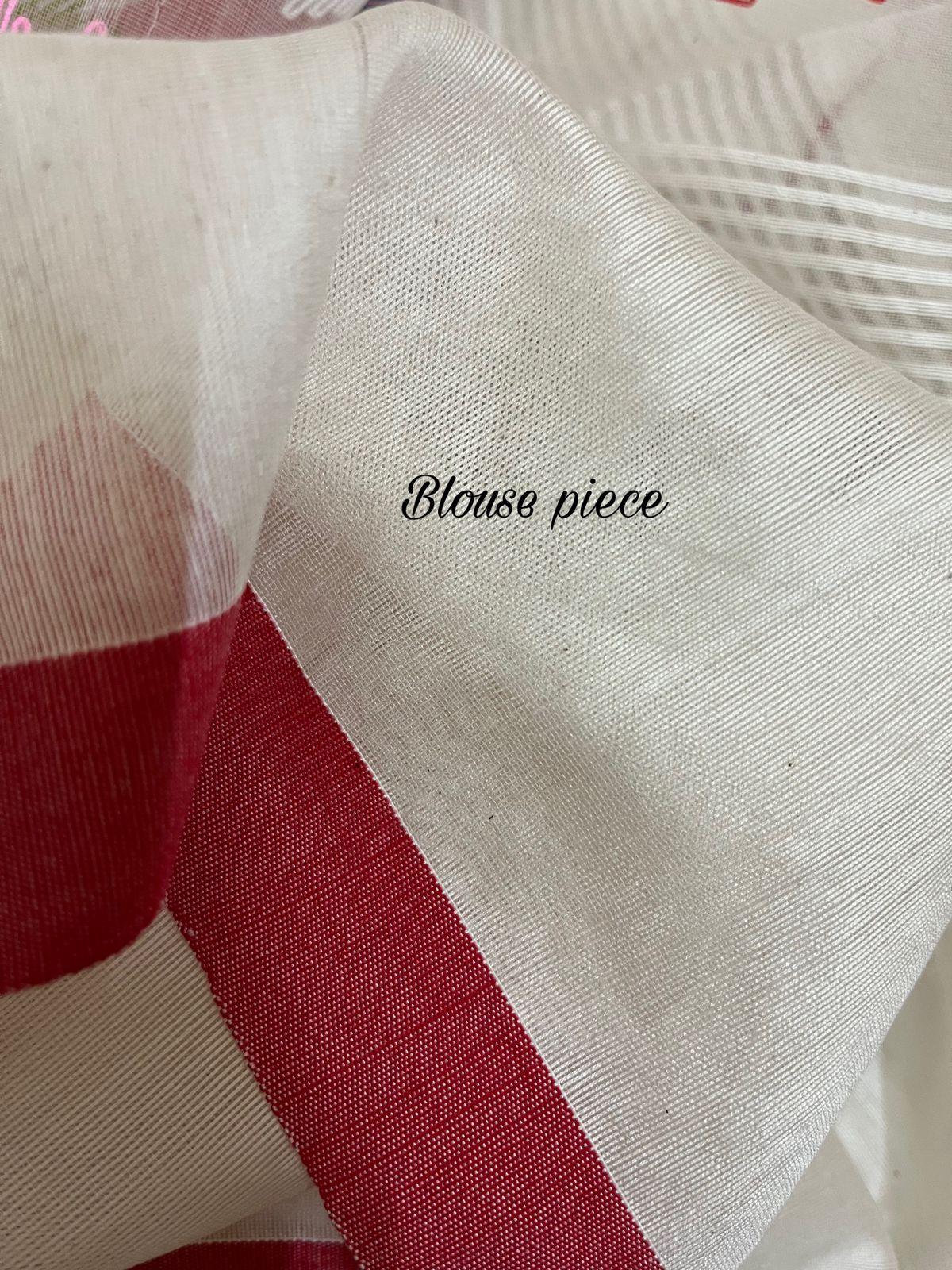 White with red border and multicolour traditional handwoven muslin silk jamdani saree - Tamal Boutique