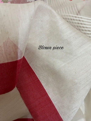 White with red border and multicolour traditional handwoven muslin silk jamdani saree - Tamal Boutique