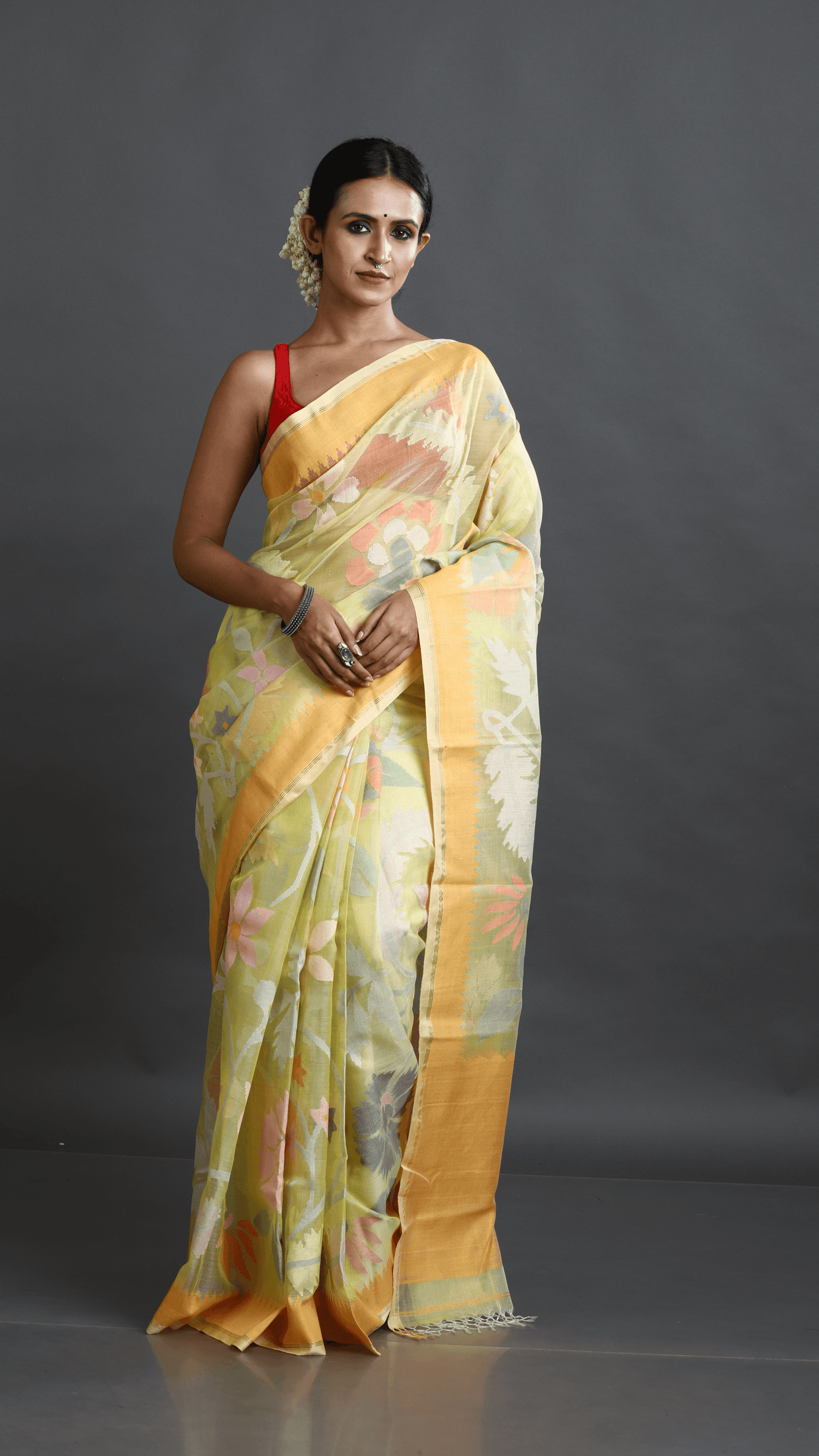 Yellow With Multi Colour Allover Floral Muslin Silk Handwoven Jamdani Saree - Tamal Boutique