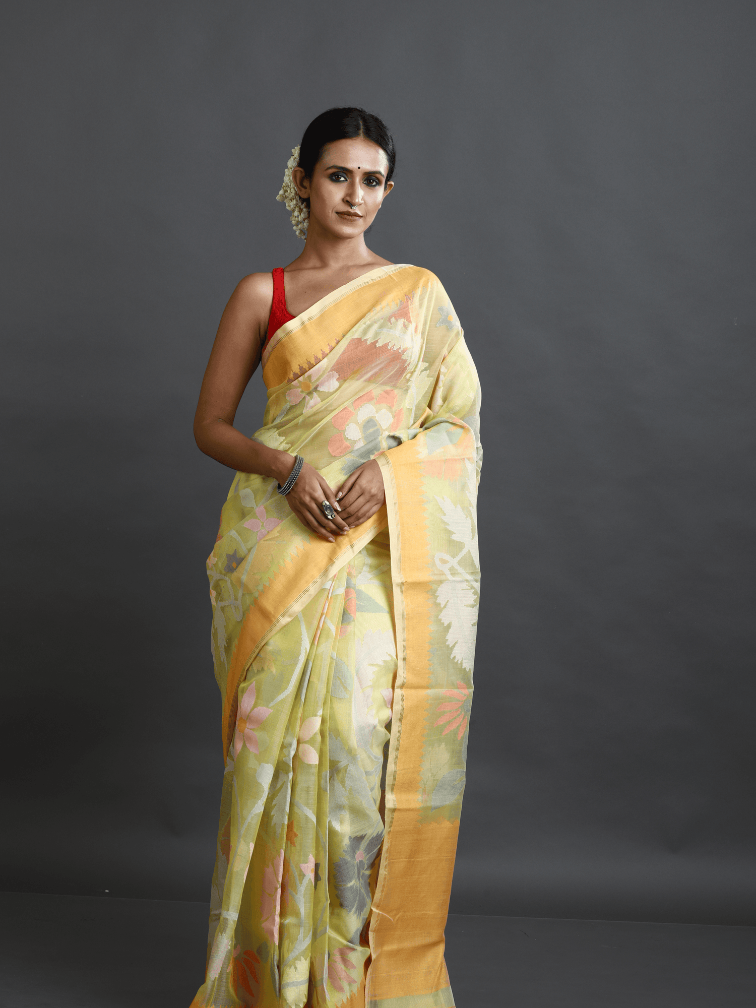 Yellow With Multi Colour Allover Floral Muslin Silk Handwoven Jamdani Saree - Tamal Boutique