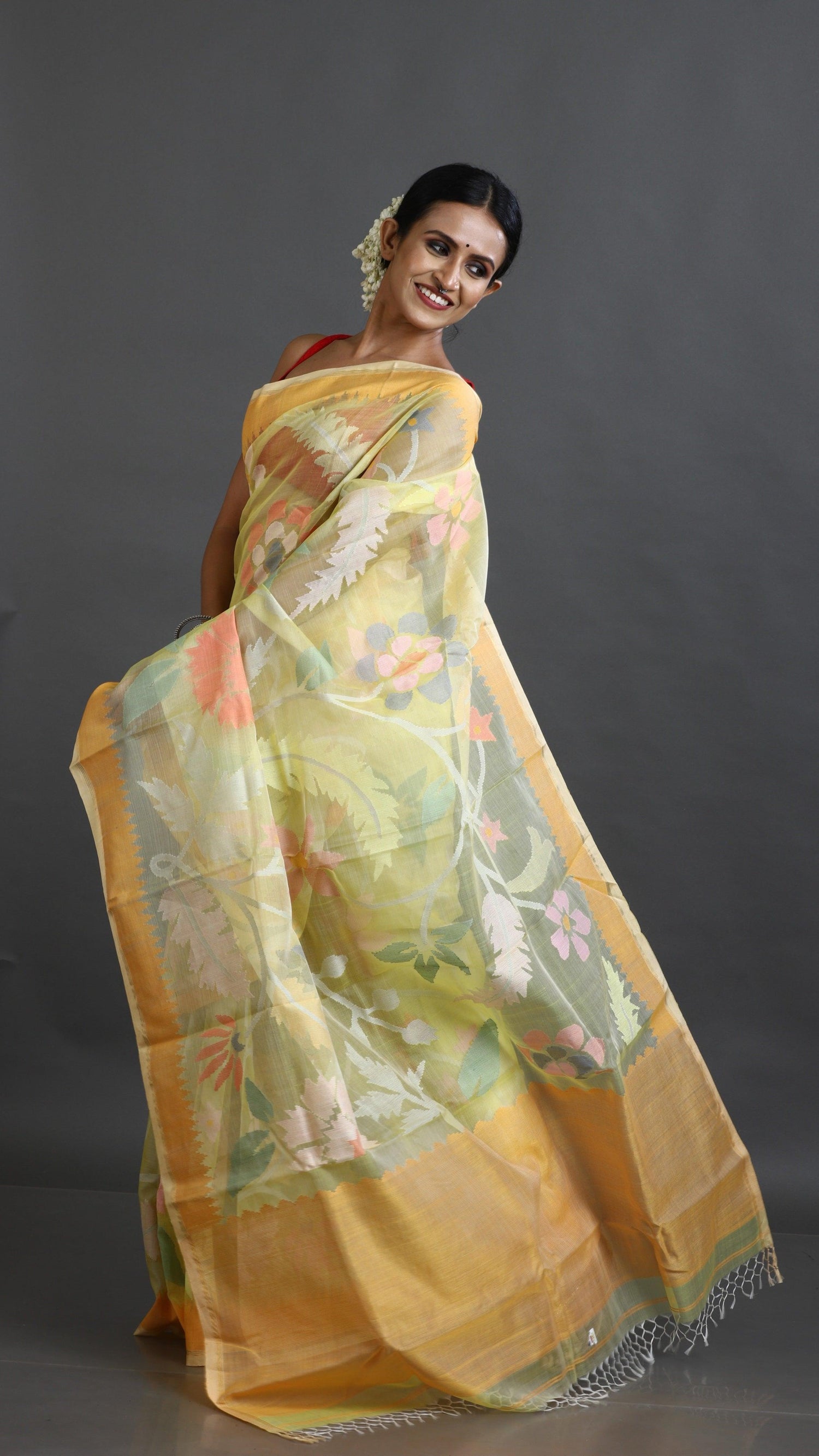 Yellow With Multi Colour Allover Floral Muslin Silk Handwoven Jamdani Saree - Tamal Boutique