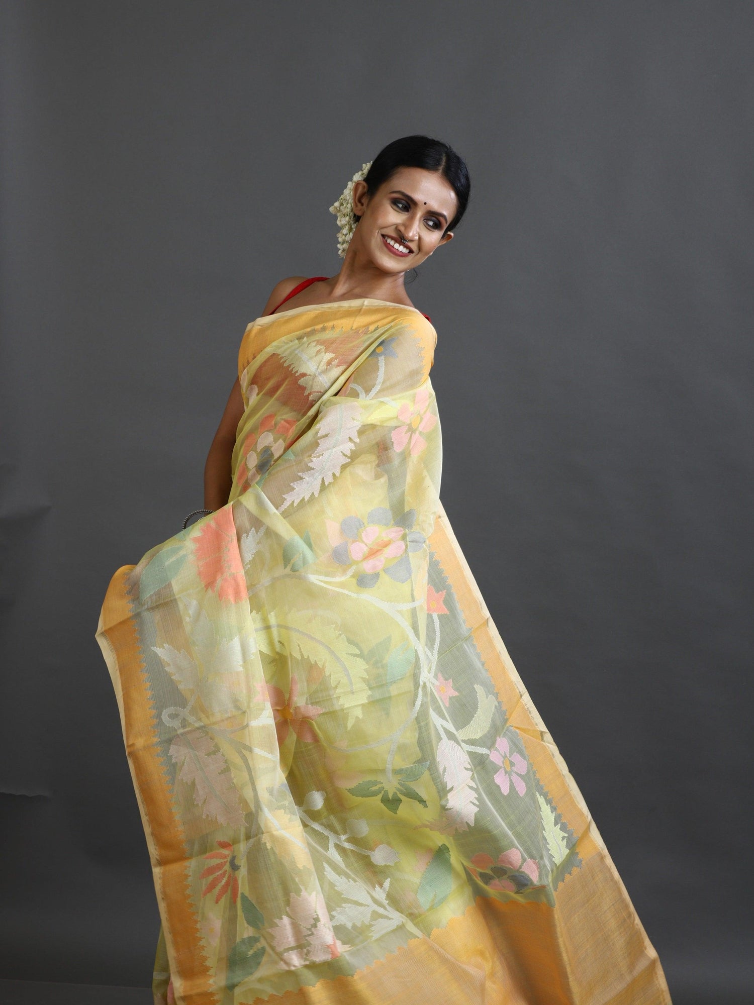 Yellow With Multi Colour Allover Floral Muslin Silk Handwoven Jamdani Saree - Tamal Boutique