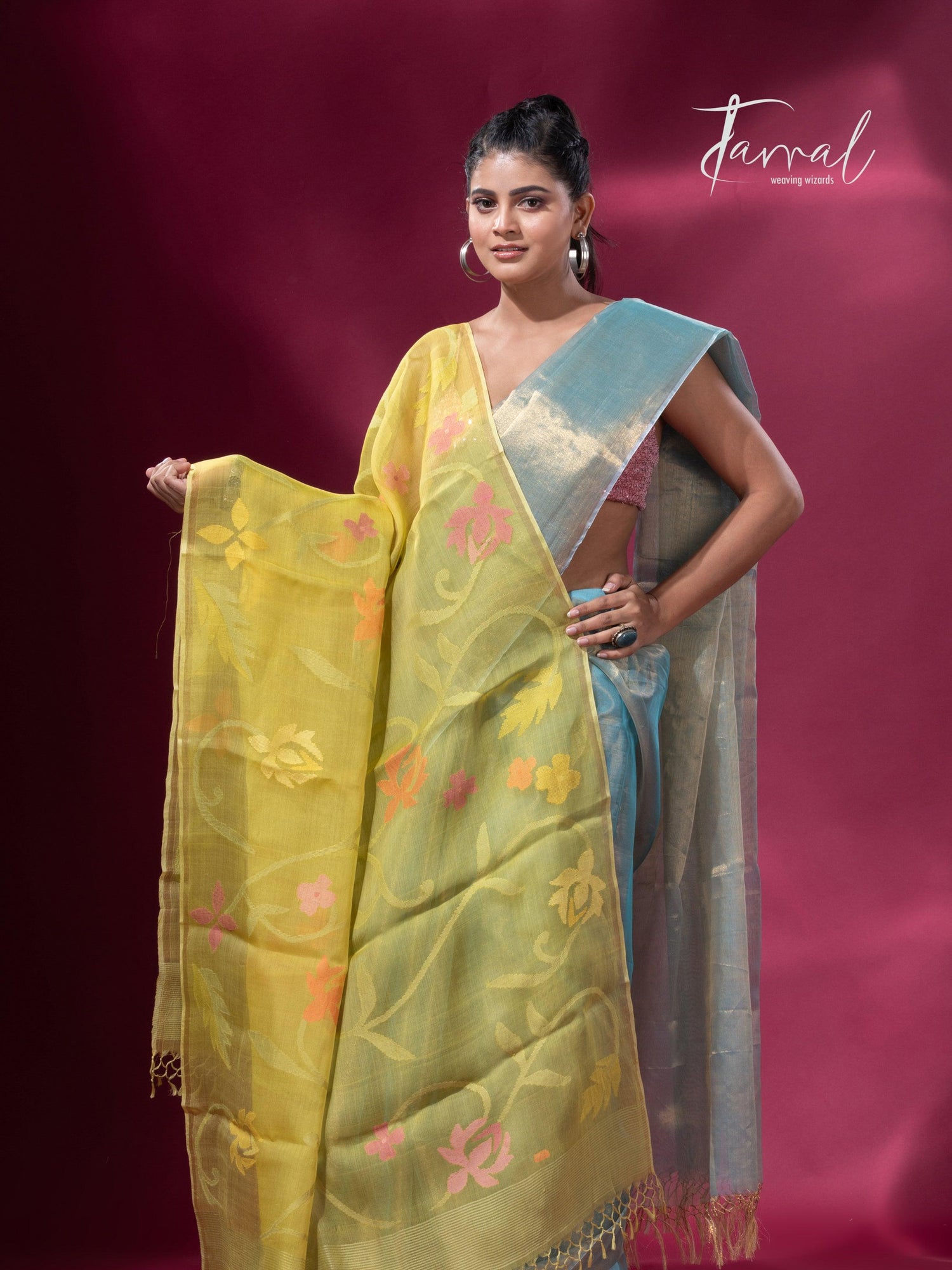 Yellow Muslin Silk Jamdani Dupatta Beautiful Floral Motifs full