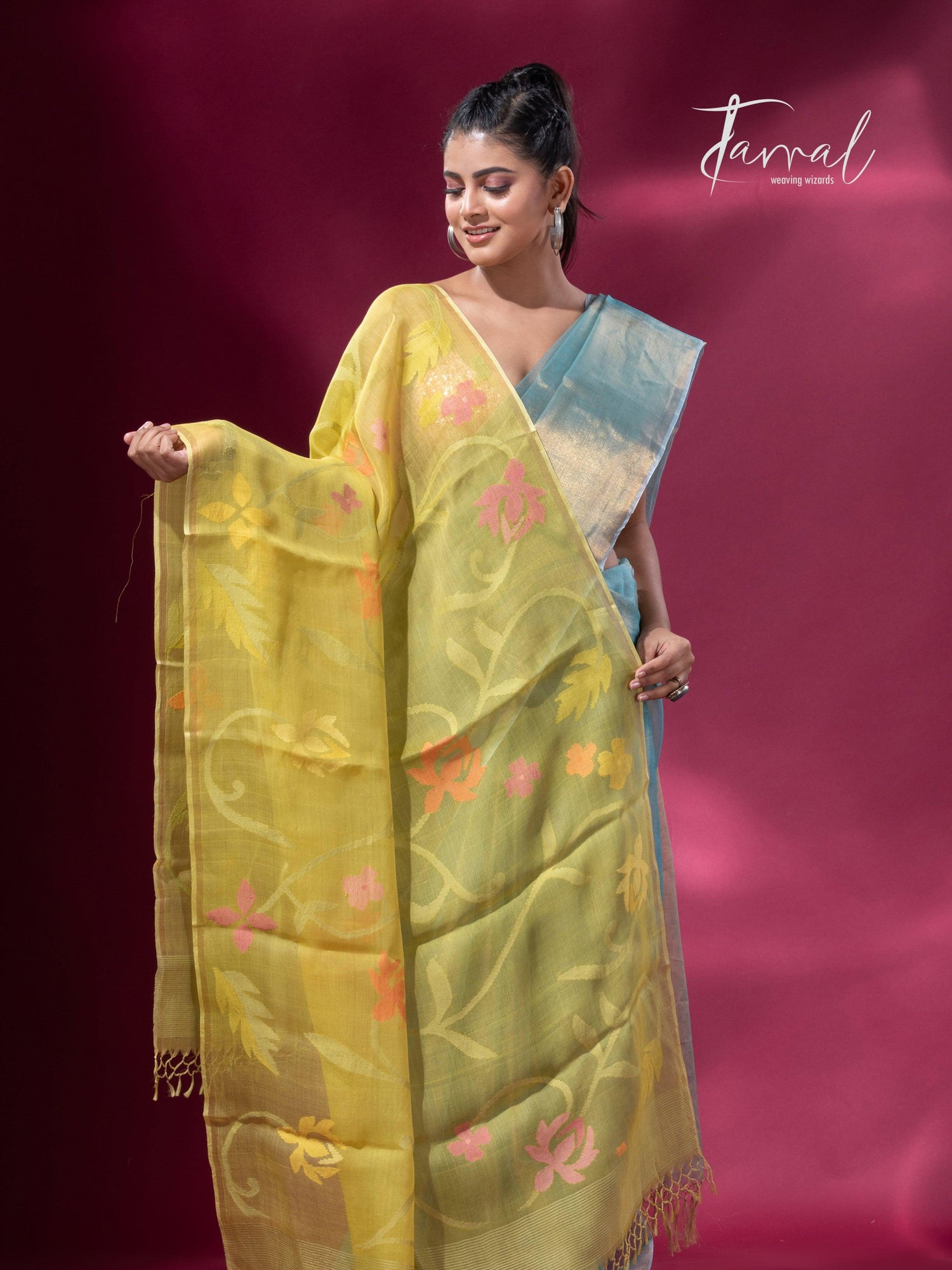 Yellow Muslin Silk Jamdani Dupatta Beautiful Floral Motifs full2