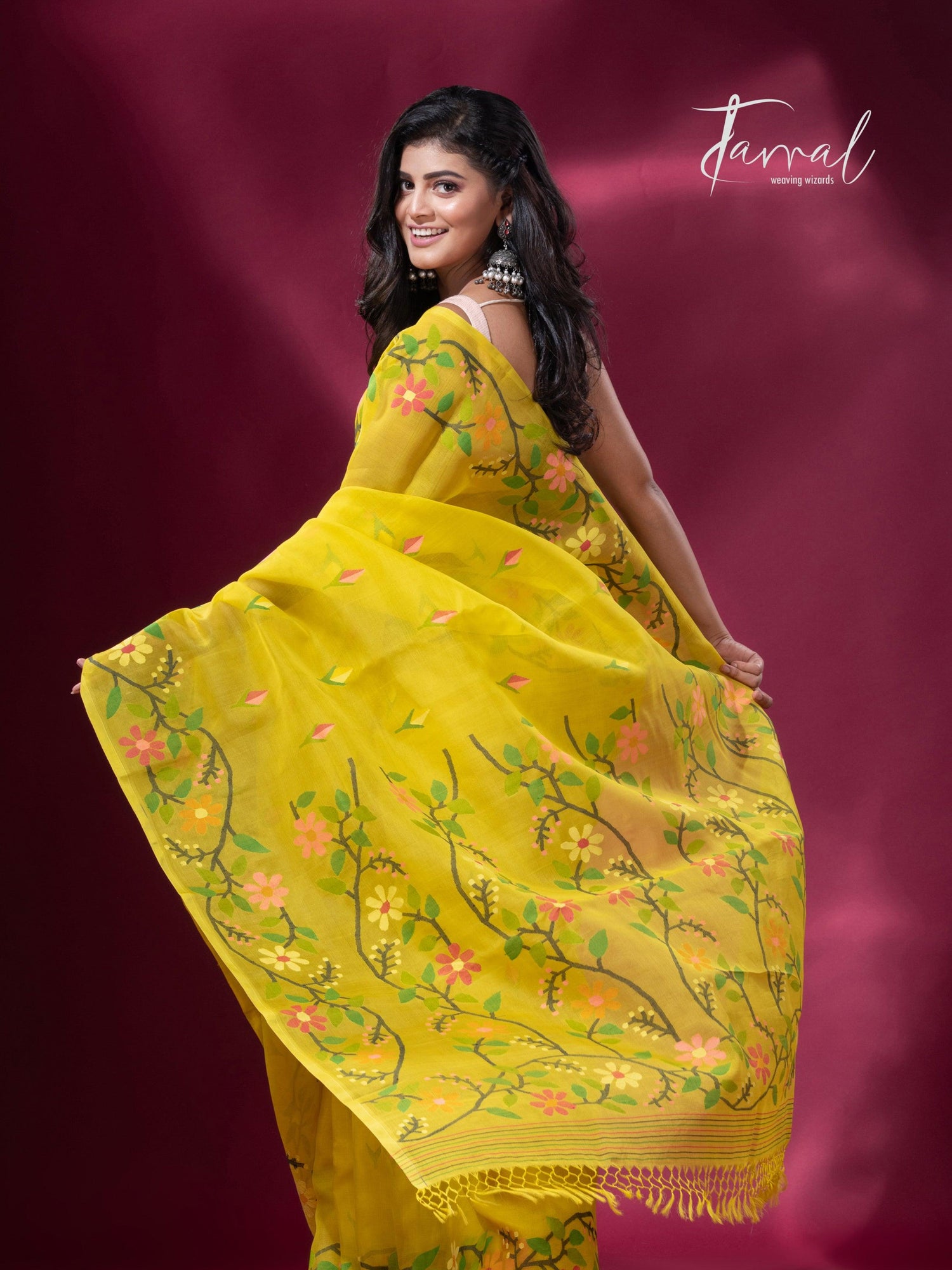 Yellow colour floral border handwoven muslin jamdani saree back