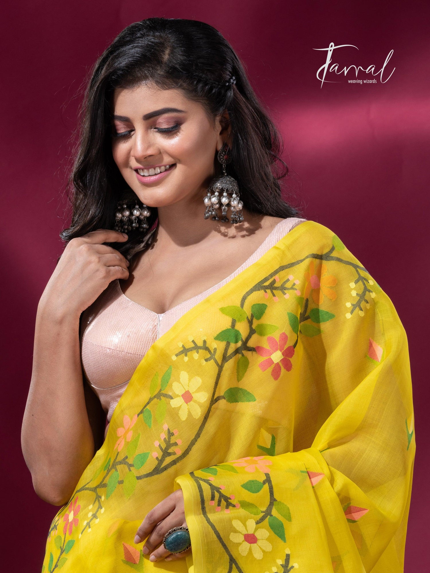 Yellow colour floral border handwoven muslin jamdani saree cls