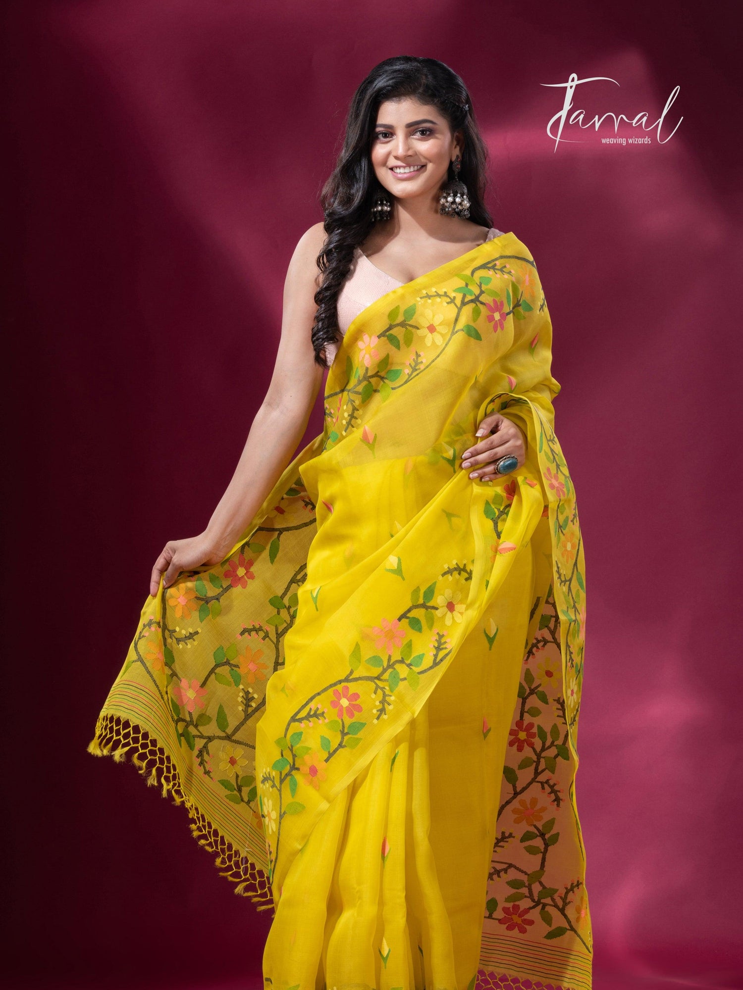 Yellow colour floral border handwoven muslin jamdani saree full