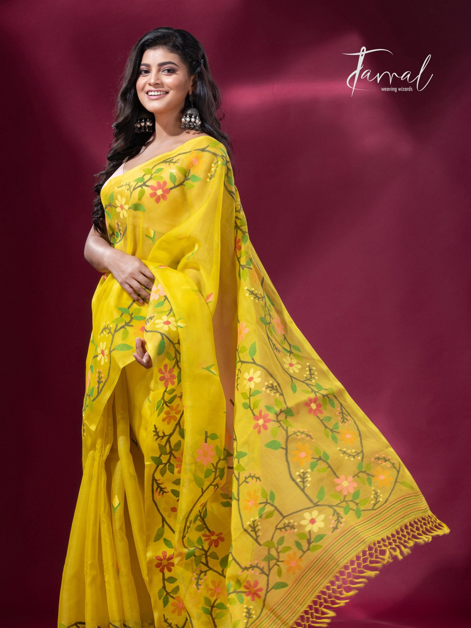 Yellow colour floral border handwoven muslin jamdani saree right