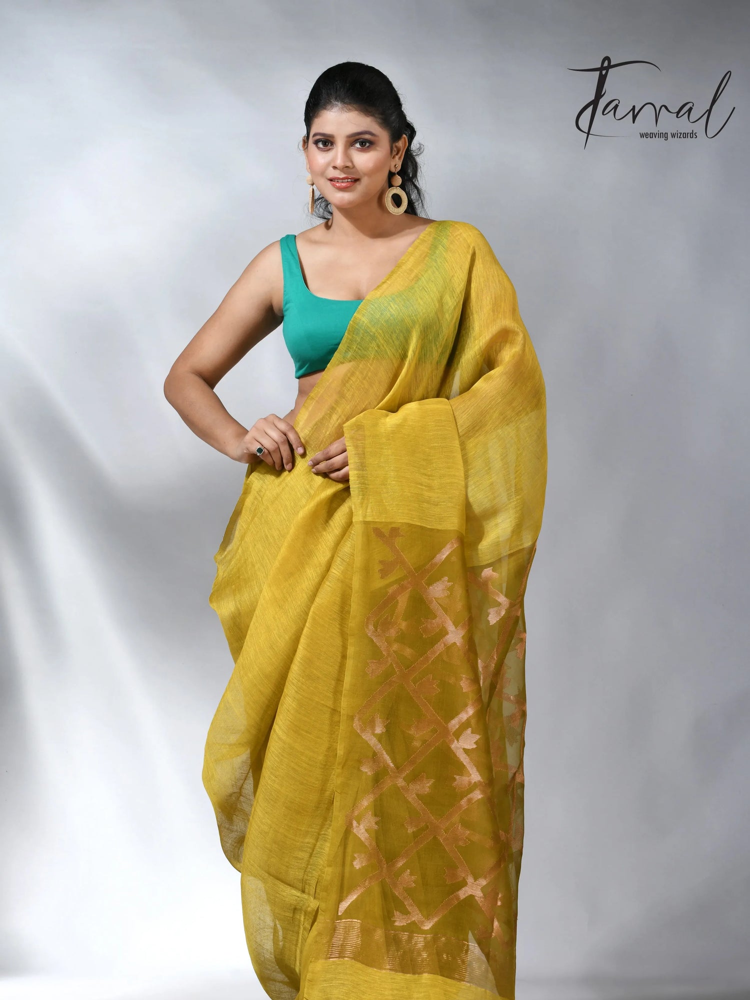 Yellow colour in box pallu silk linen handwoven jamdani saree