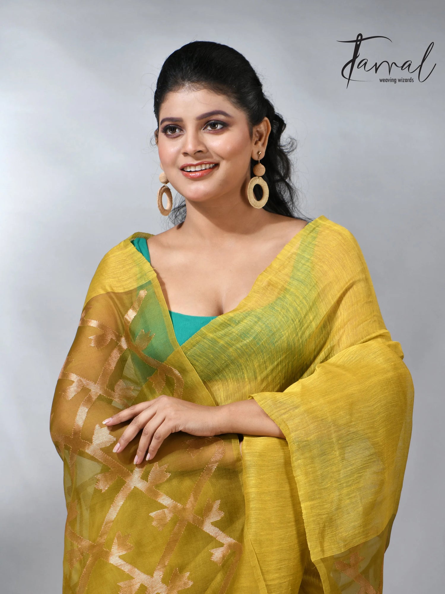 Yellow colour in box pallu silk linen handwoven jamdani saree