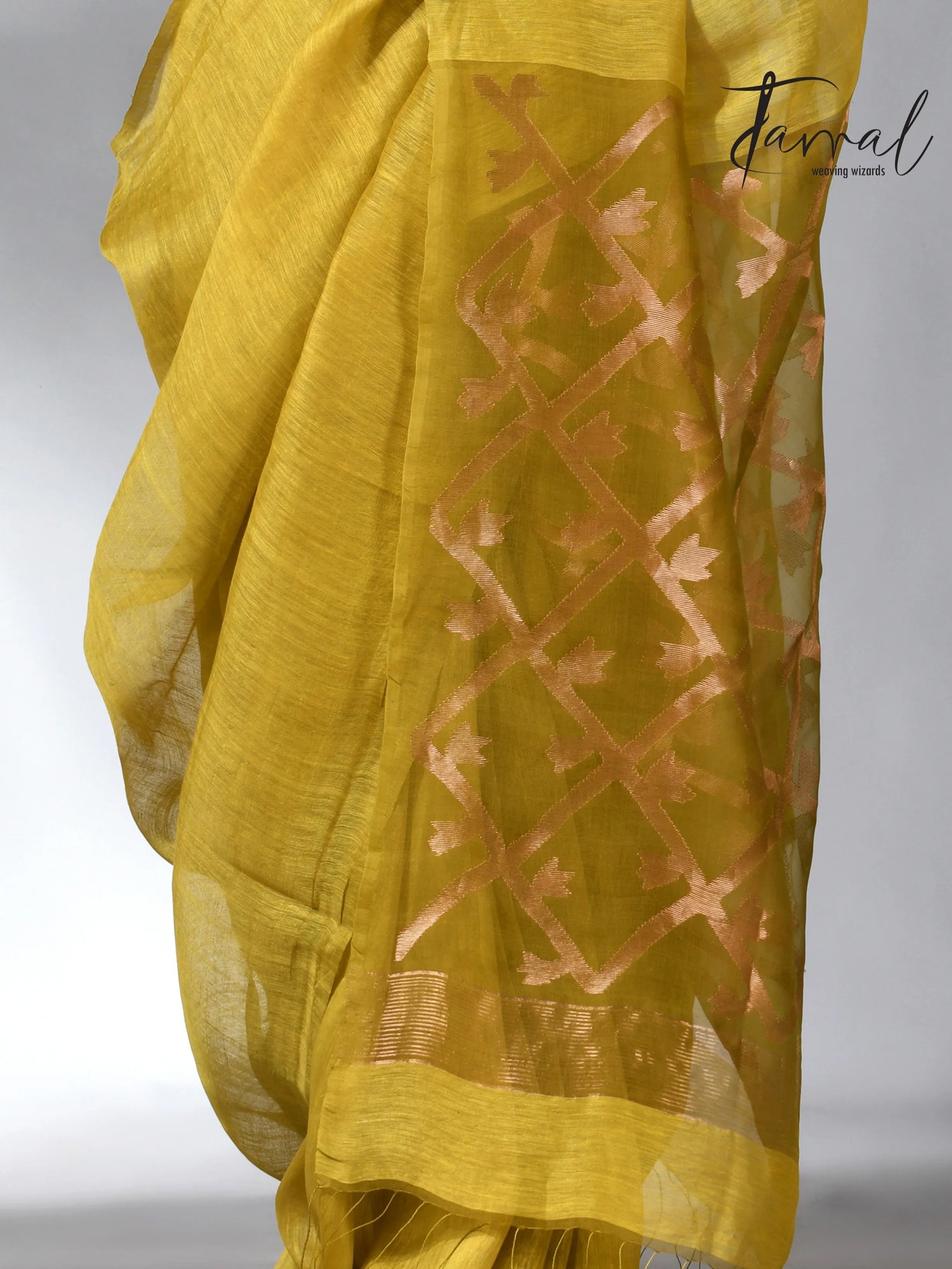 Yellow colour in box pallu silk linen handwoven jamdani saree