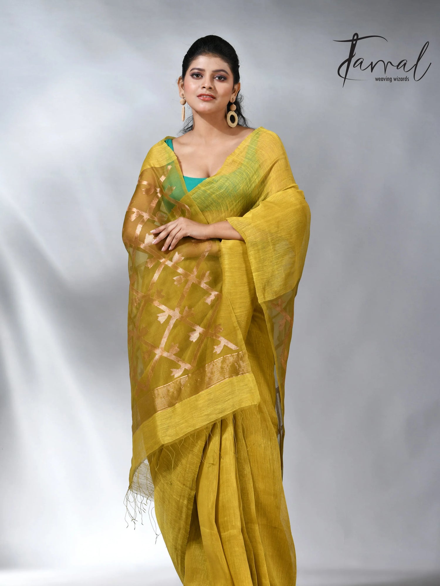 Yellow colour in box pallu silk linen handwoven jamdani saree