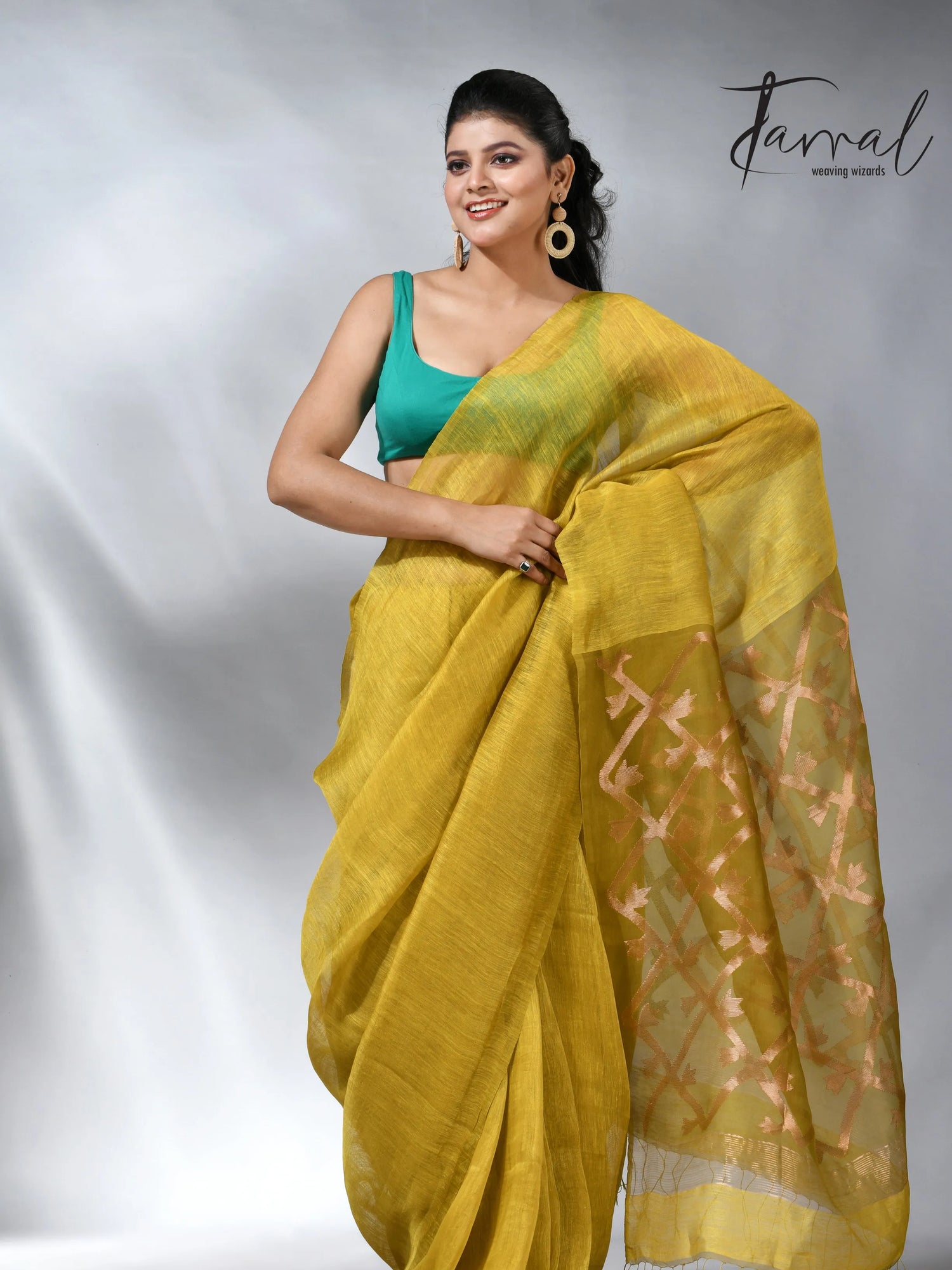 Yellow colour in box pallu silk linen handwoven jamdani saree