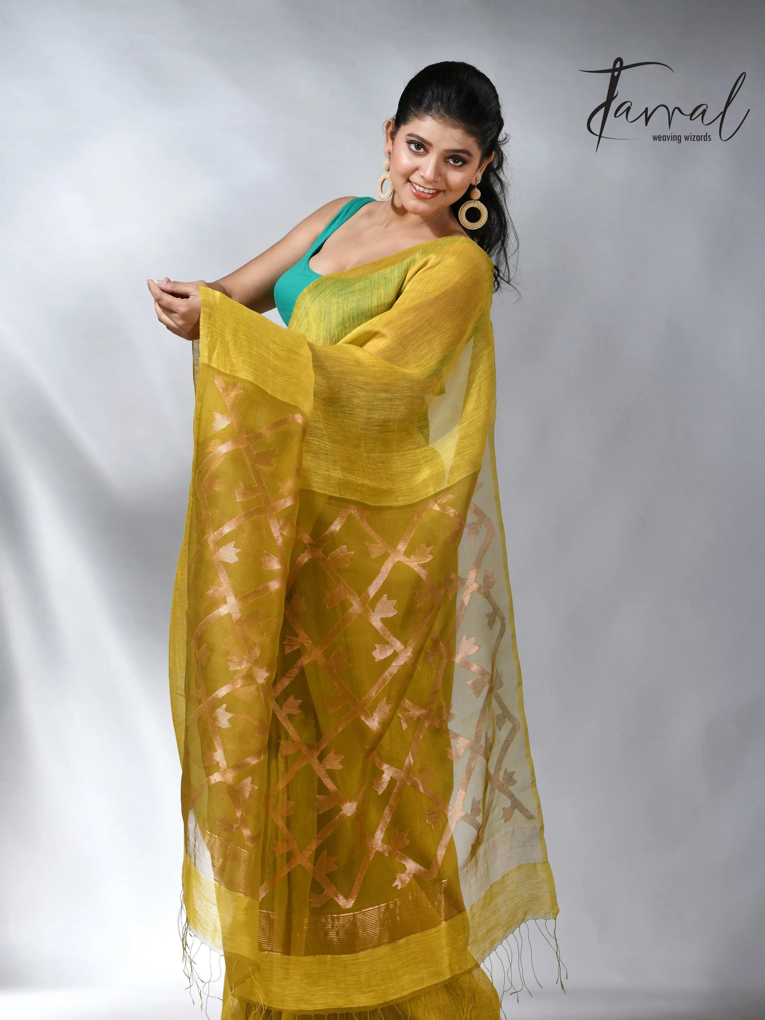 Yellow colour in box pallu silk linen handwoven jamdani saree