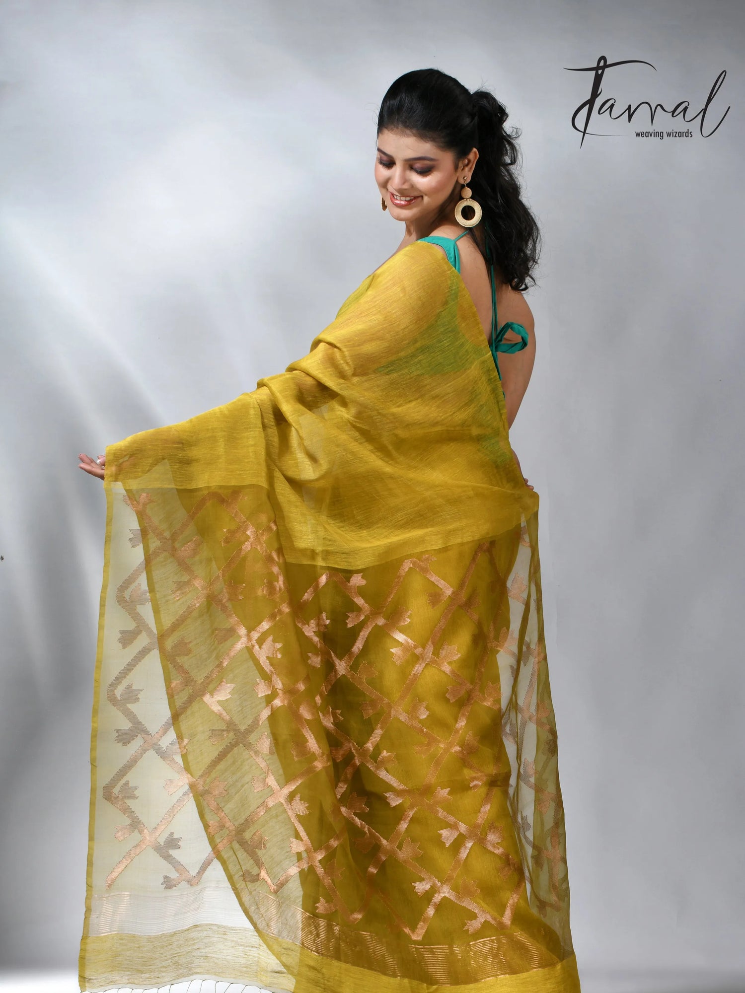 Yellow colour in box pallu silk linen handwoven jamdani saree
