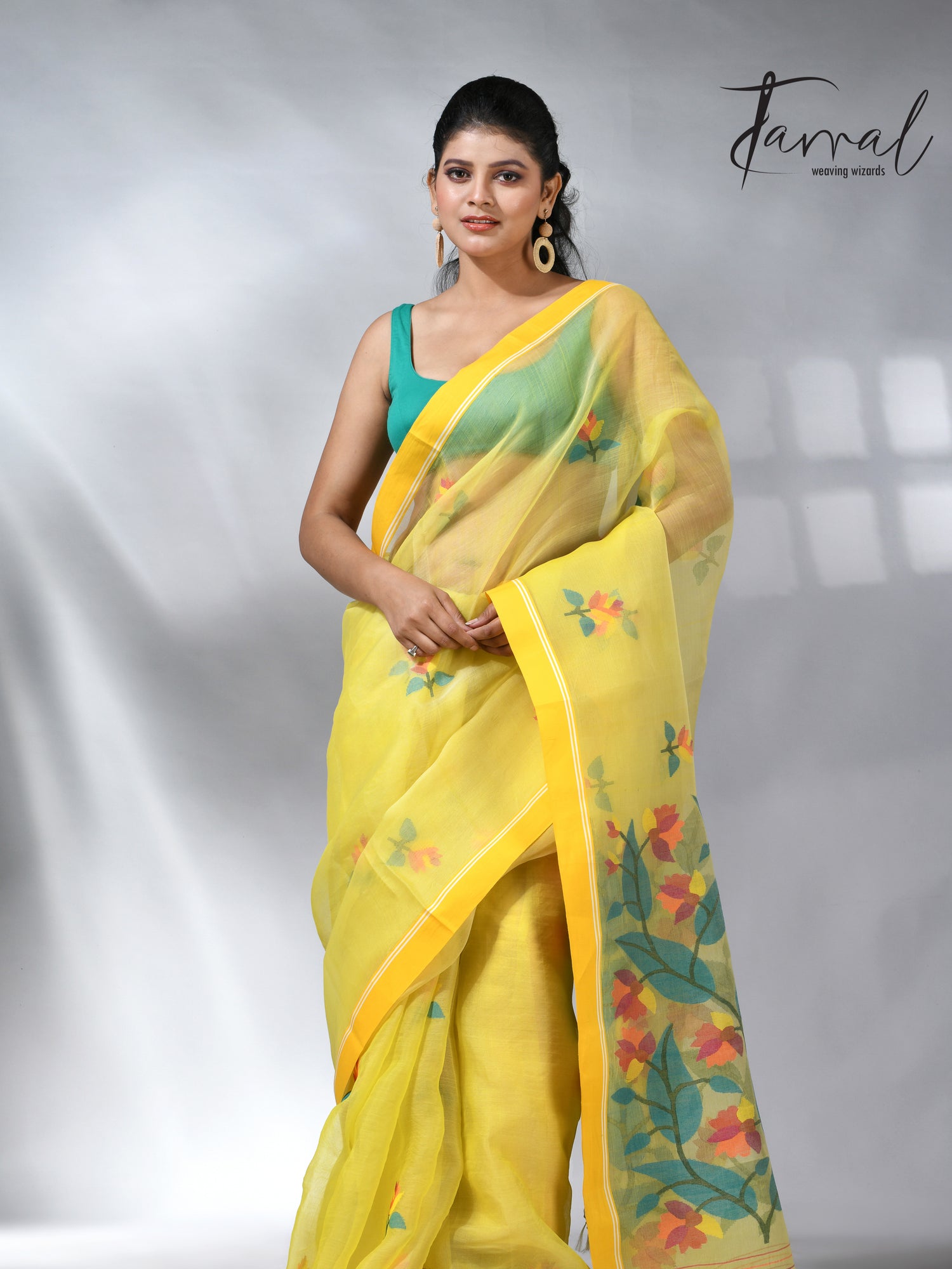 Yellow colour muslin silk floral handwoven jamdani saree