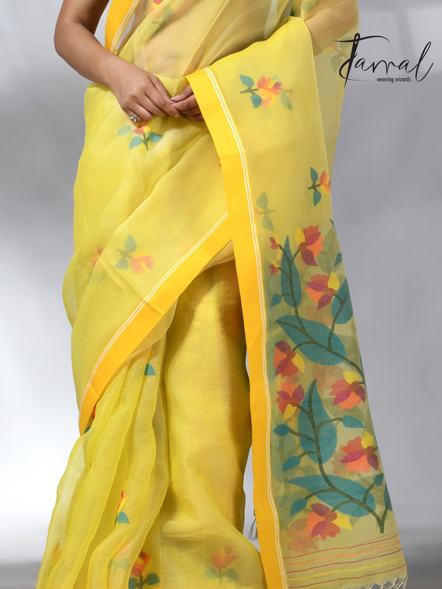 Yellow colour muslin silk floral handwoven jamdani saree
