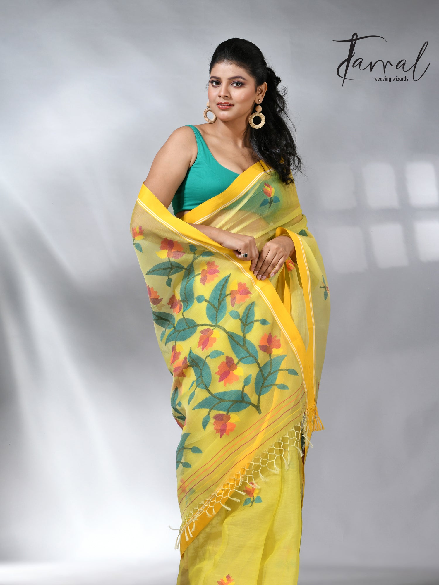 Yellow colour muslin silk floral handwoven jamdani saree