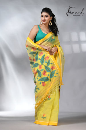 Yellow colour muslin silk floral handwoven jamdani saree
