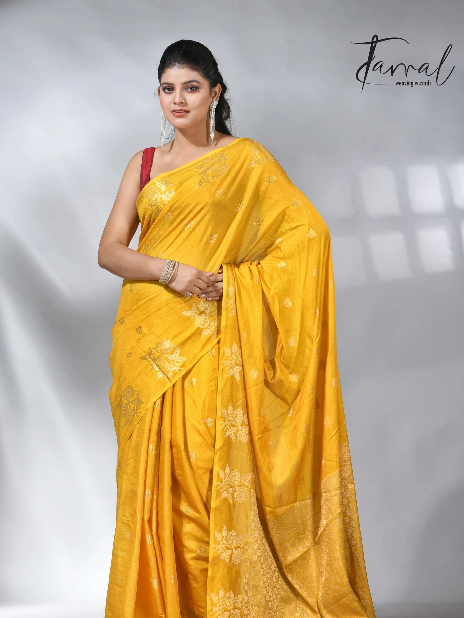 Yellow colour saree in benarasi silk handloom jamdani piece