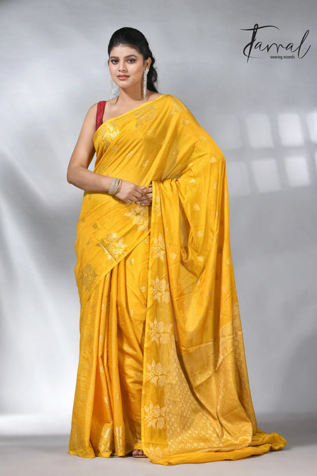 Yellow colour saree in benarasi silk handloom jamdani piece