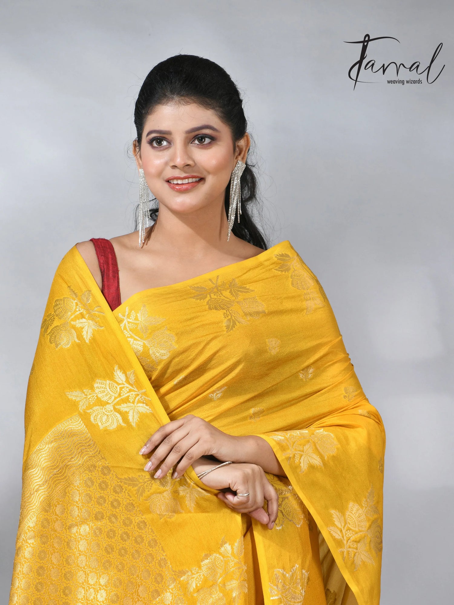 Yellow colour saree in benarasi silk handloom jamdani piece