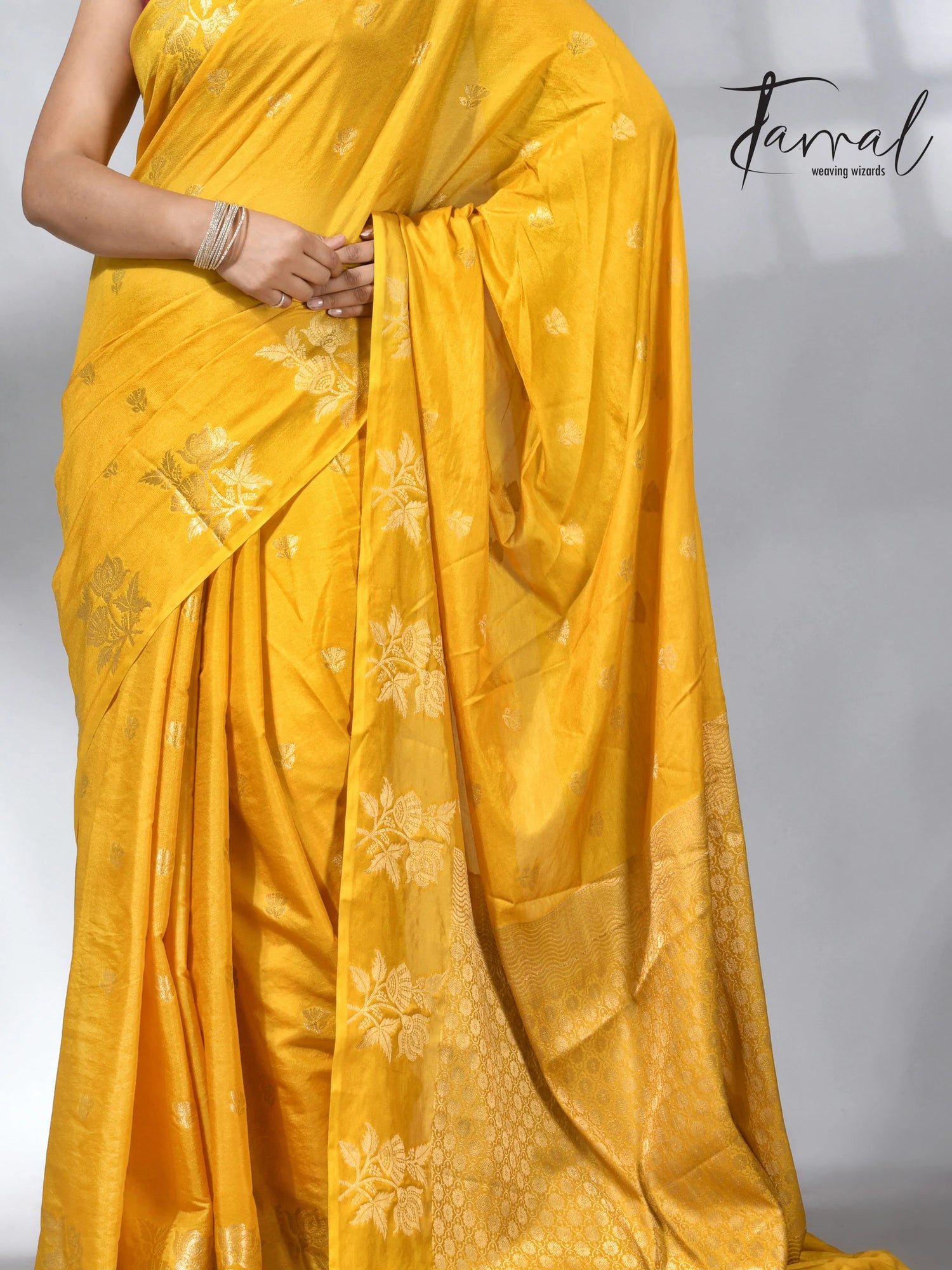 Yellow colour saree in benarasi silk handloom jamdani piece