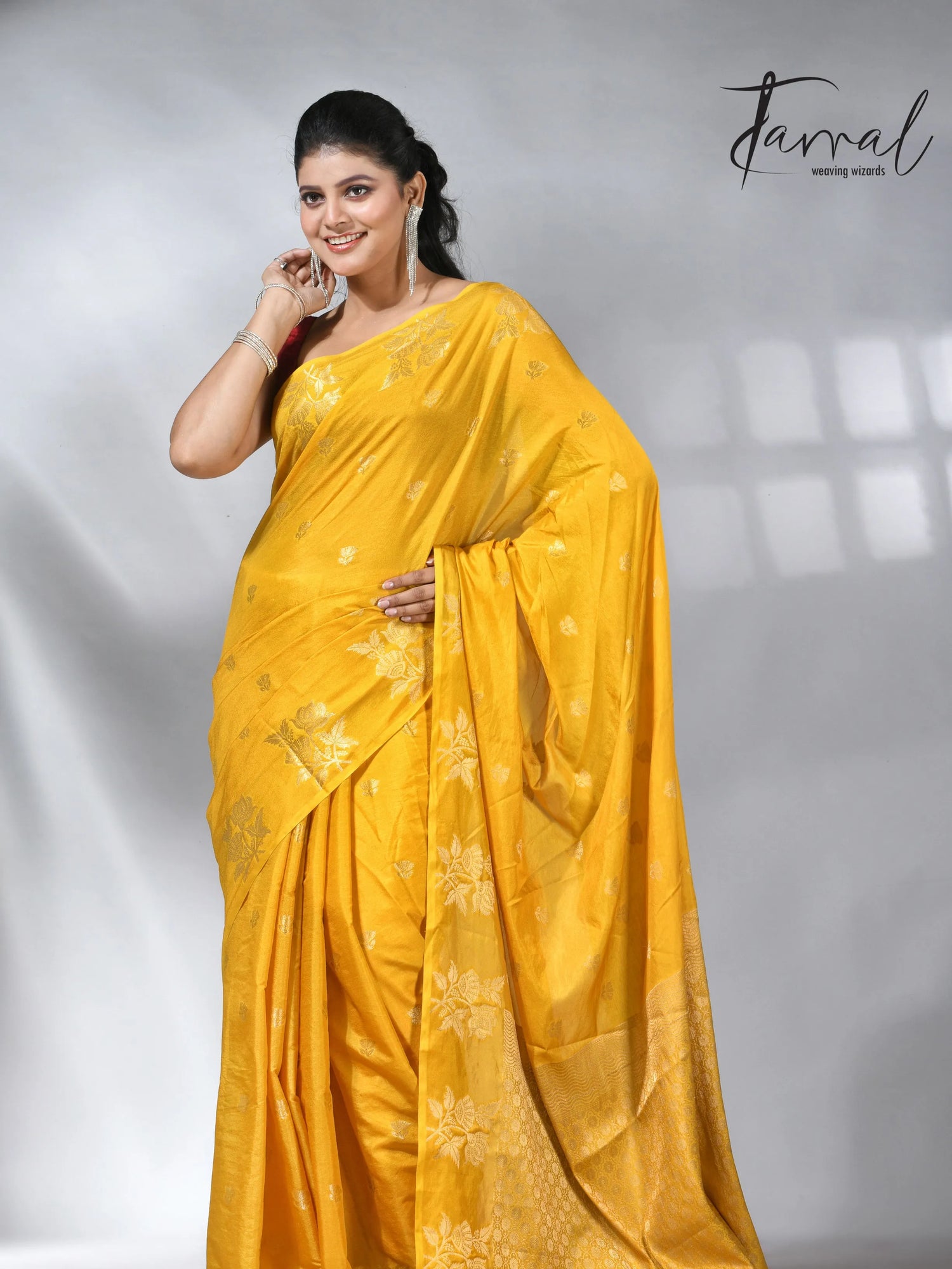 Yellow colour saree in benarasi silk handloom jamdani piece