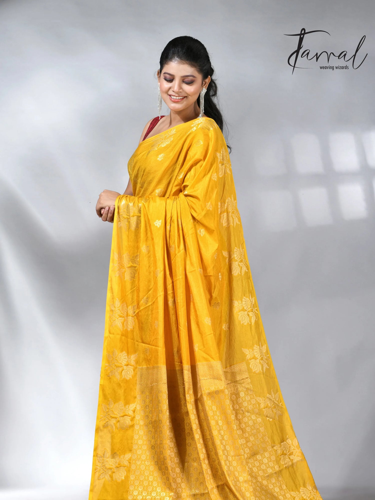 Yellow colour saree in benarasi silk handloom jamdani piece