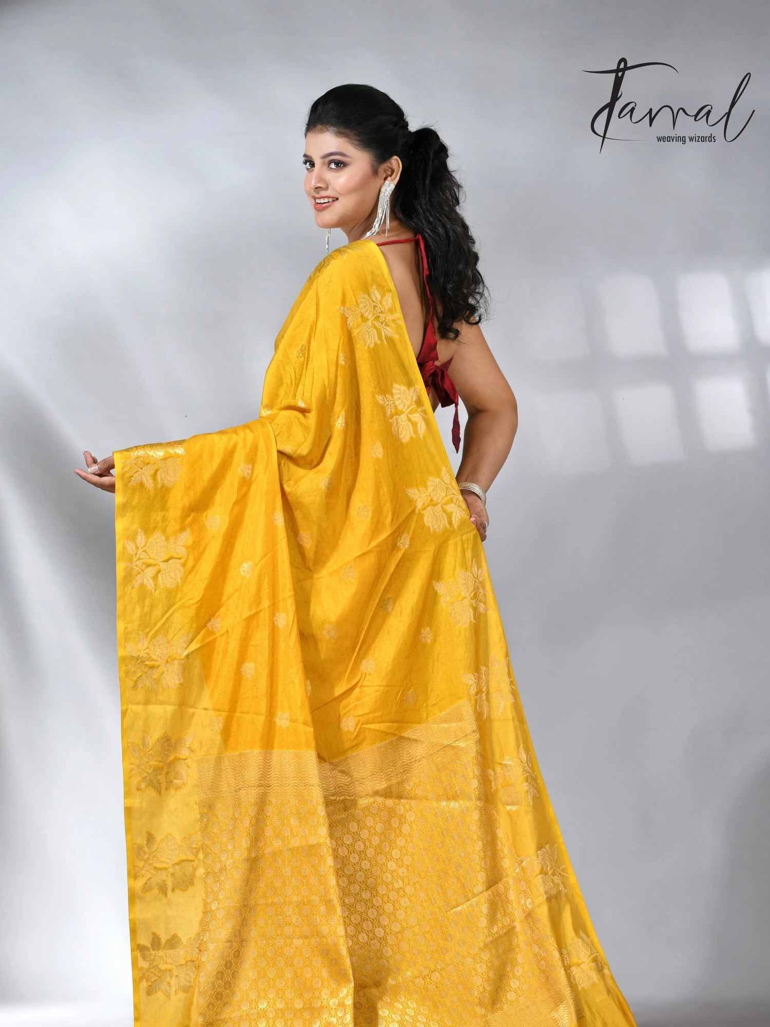 Yellow colour saree in benarasi silk handloom jamdani piece
