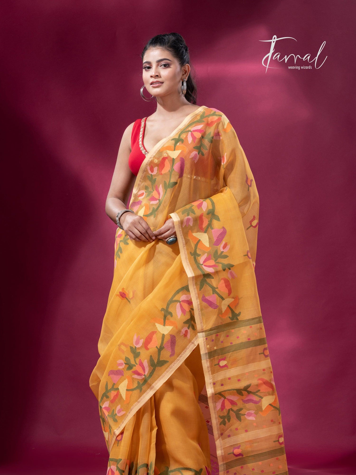Yellow with multi colour kalmilata floral handwoven muslin silk jamdani saree - Tamal Boutique