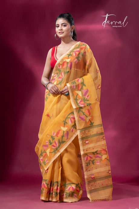 Yellow with multi colour kalmilata floral handwoven muslin silk jamdani saree - Tamal Boutique