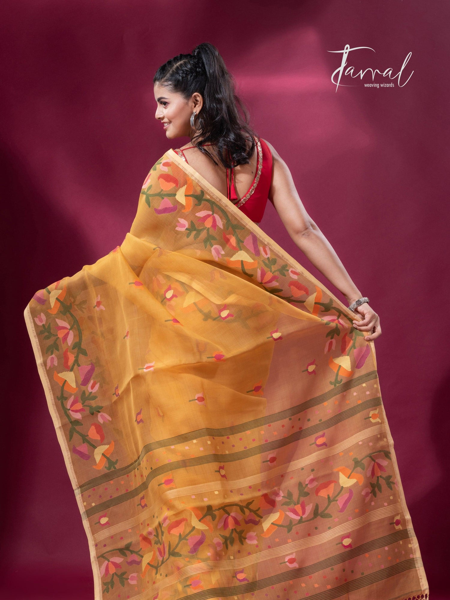 Yellow with multi colour kalmilata floral handwoven muslin silk jamdani saree - Tamal Boutique