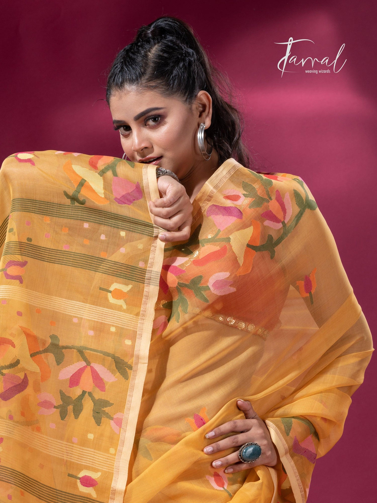 Yellow with multi colour kalmilata floral handwoven muslin silk jamdani saree - Tamal Boutique